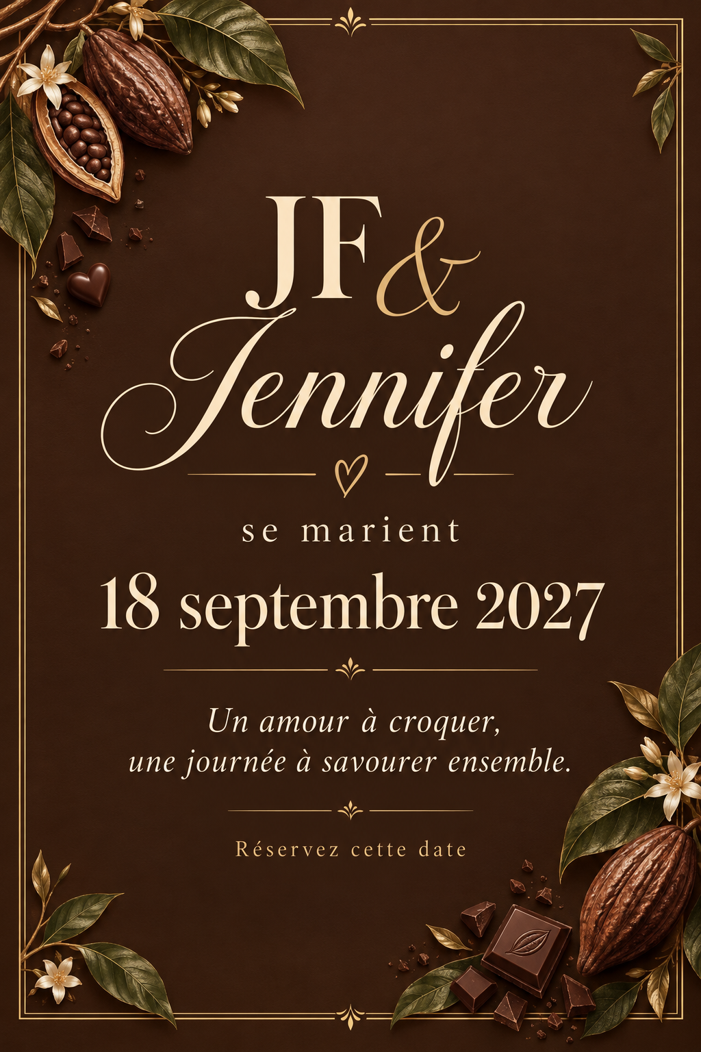 JF et Jennifer se marient le 18 septembre 2027. Un amour à croquer, une journée à savourer ensemble. Réservez cette date.